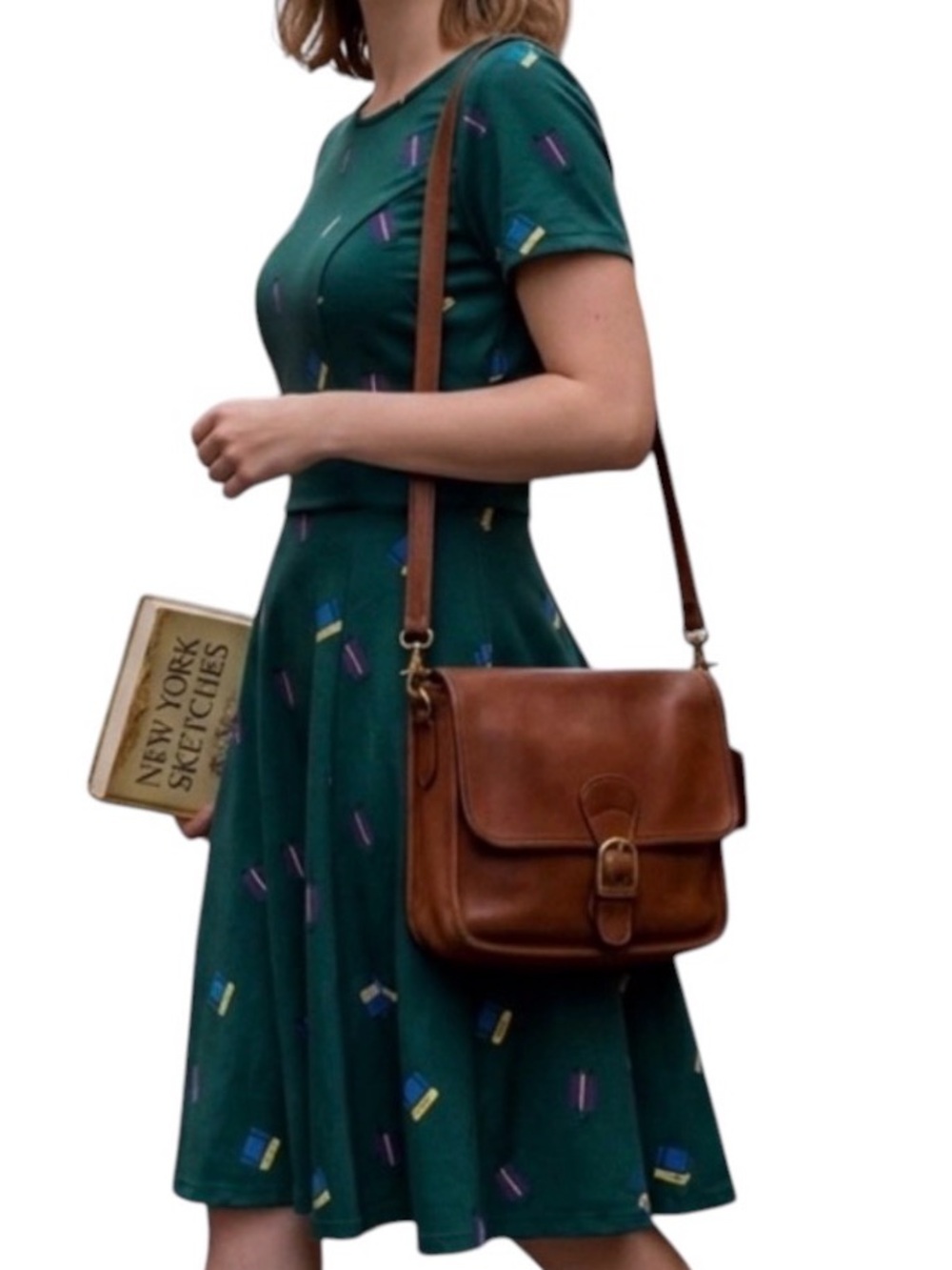 Unique Vintage x GB Green Suitcase Print Fit & Flare Skater Dress Sz S Novelty
